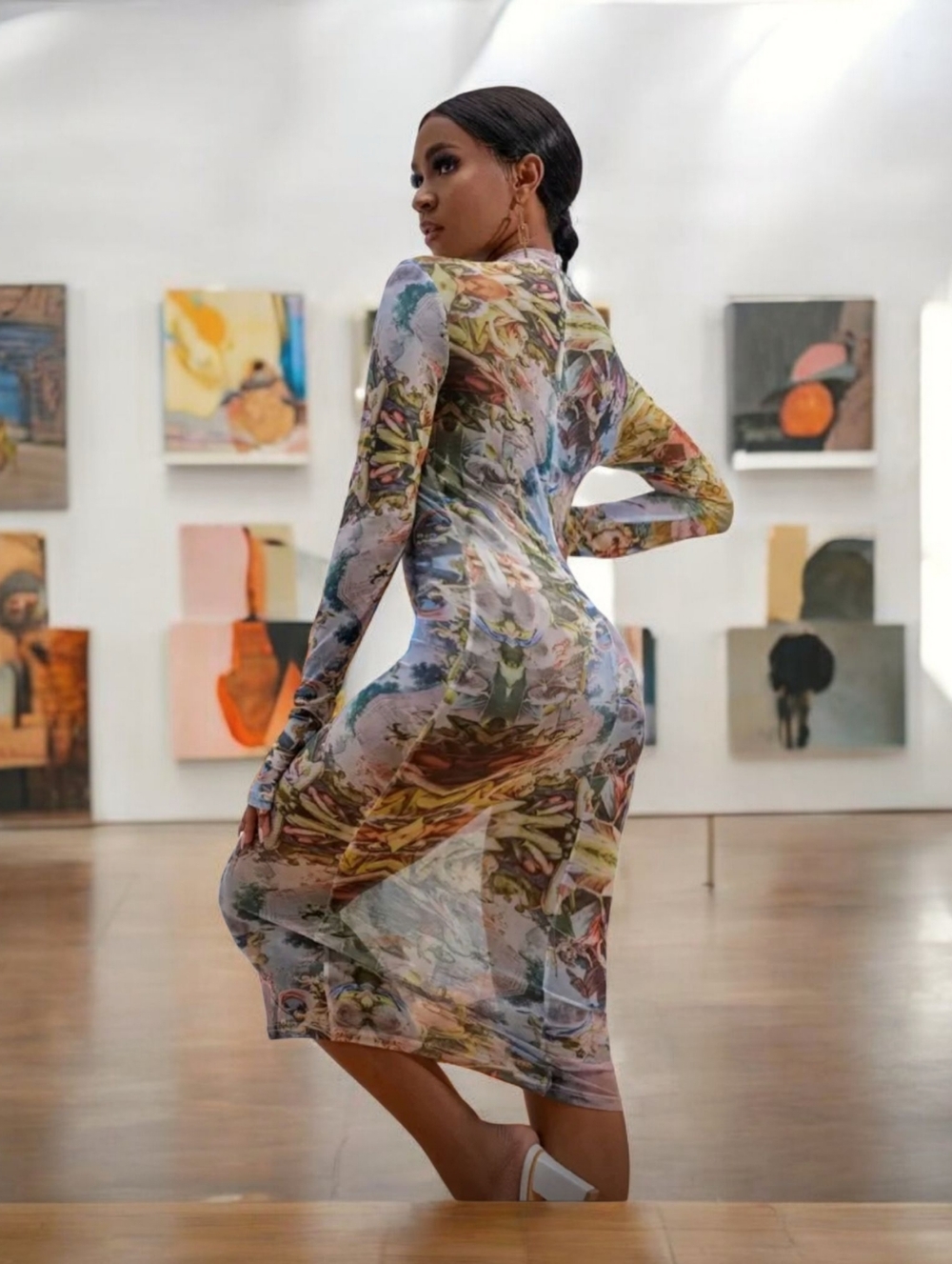 Renaissance Print Semi Sheer Fitted Mock Neck Dress